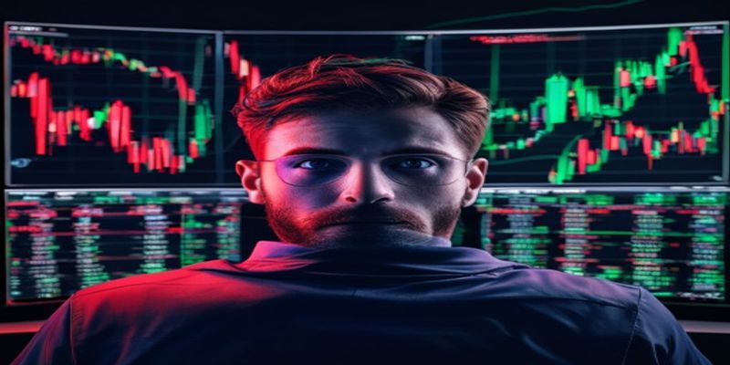trader staring at multiple screens with red and green candles, looking stressed
